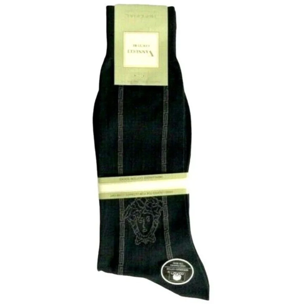Vannucci Medusa Head Greek Key Mens Dress Socks Black Gray Sz 10-13